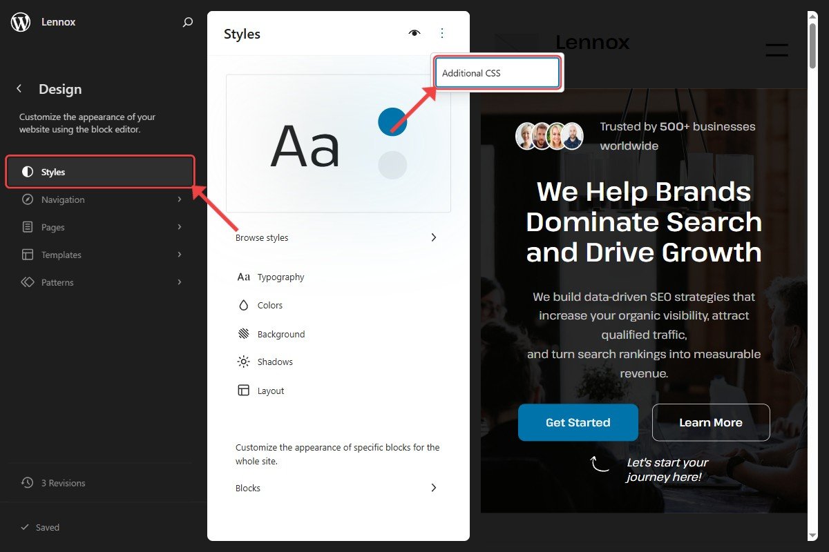 Opening Additional CSS from the Styles menu.