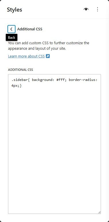 The Additional CSS editor in the Site Editor.